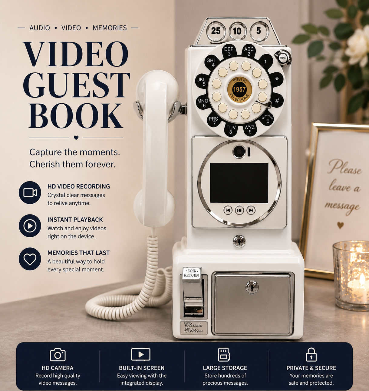 Large vintage turntable audio video guestbook telephone