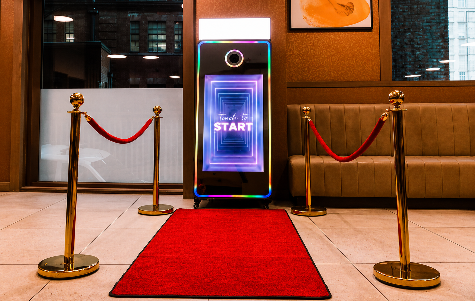 Magic mirror photo booth with animated touchscreen interface