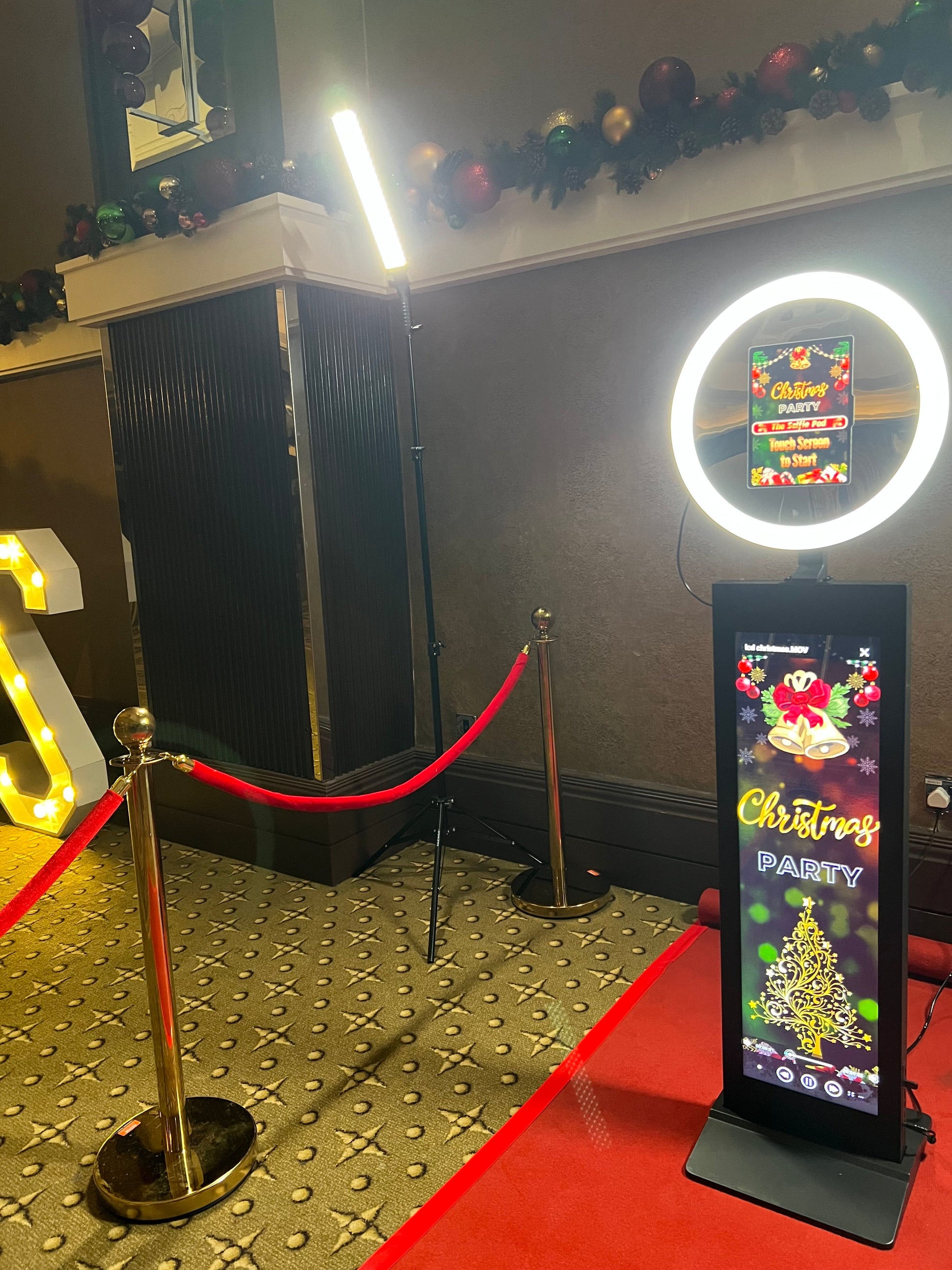 Selfie pod photo booth with LED ring light and LCD screen