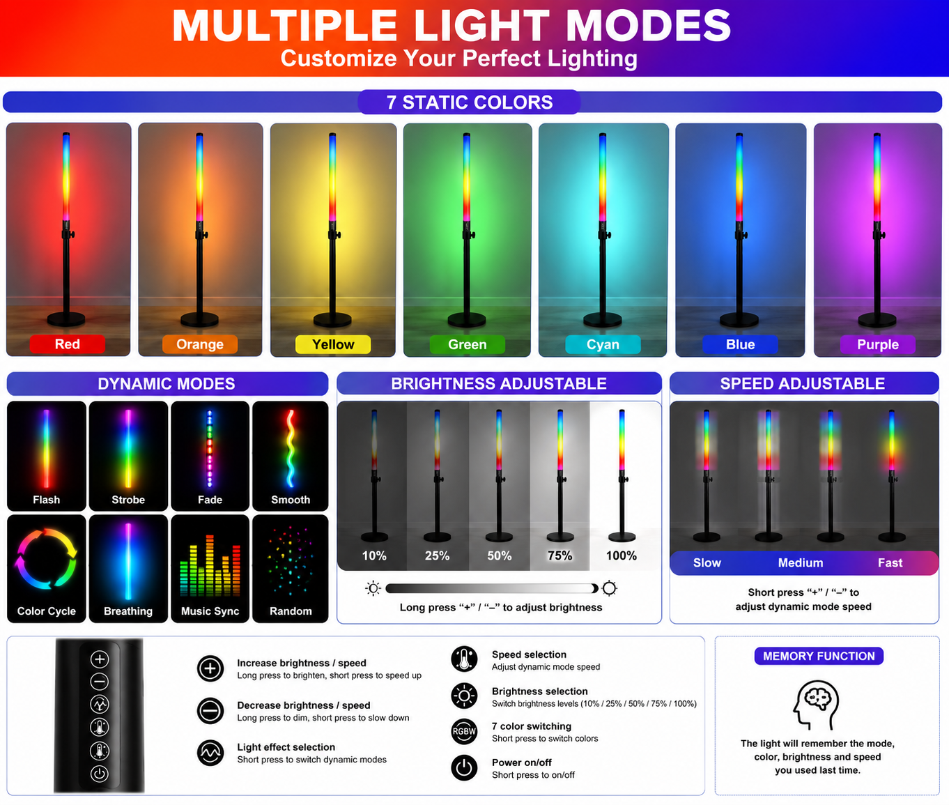 Wireless RGB LED Tube Lights - 120cm Pole Sticks
