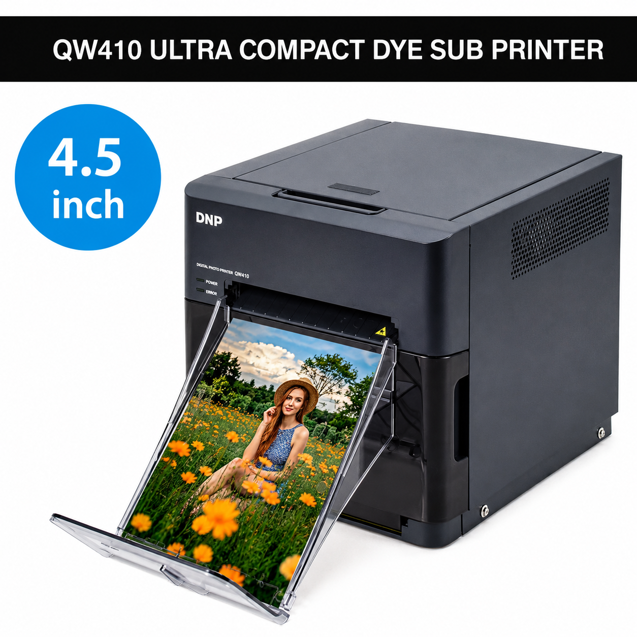 DNP QW410 photo printer producing 4x6 and 4.5x8 inch prints