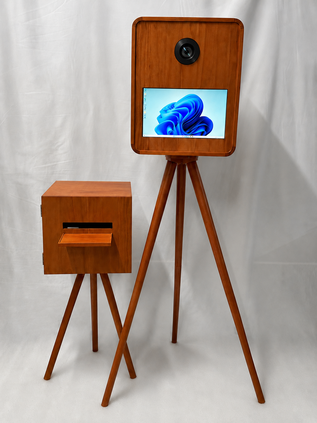 Dark oak selfie pod photo booth with Windows touchscreen