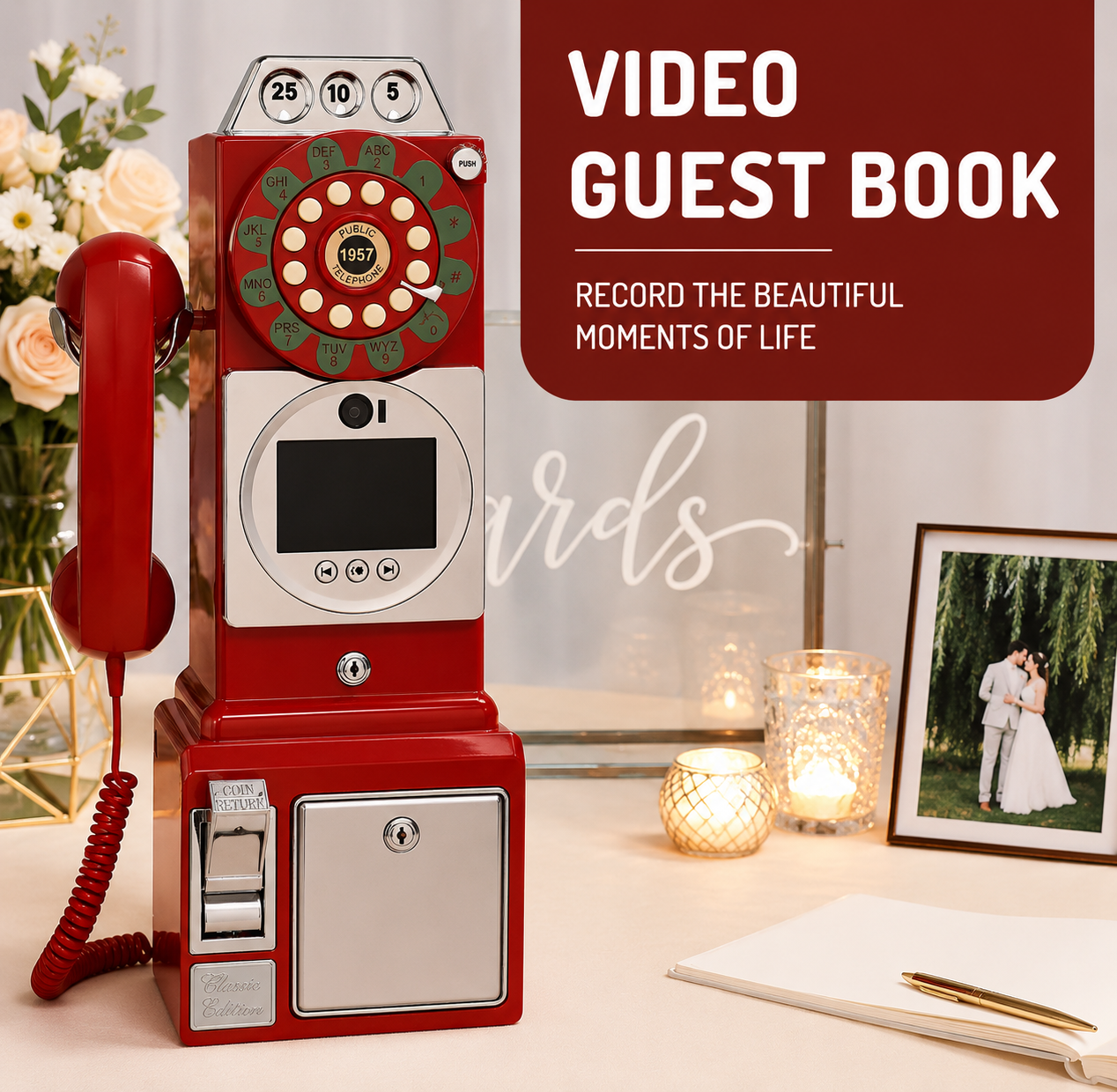 Large vintage turntable audio video guestbook telephone