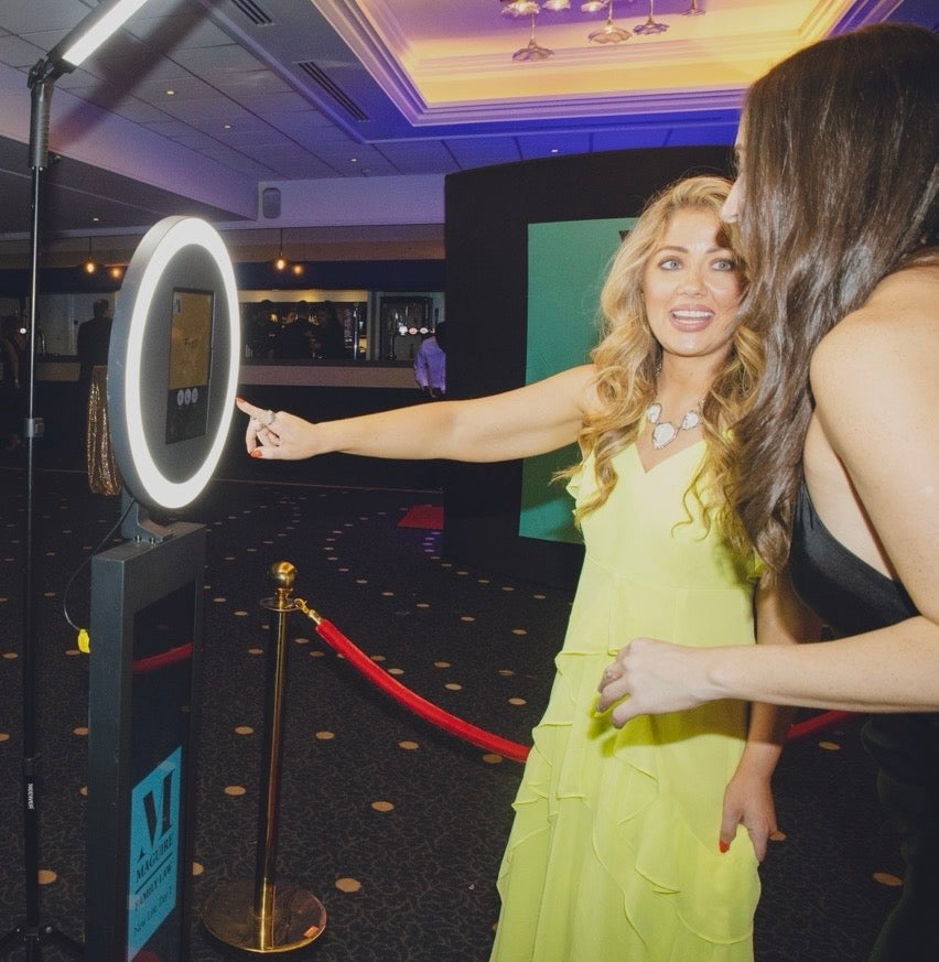 Selfie pod photo booth with LED ring light and LCD screen
