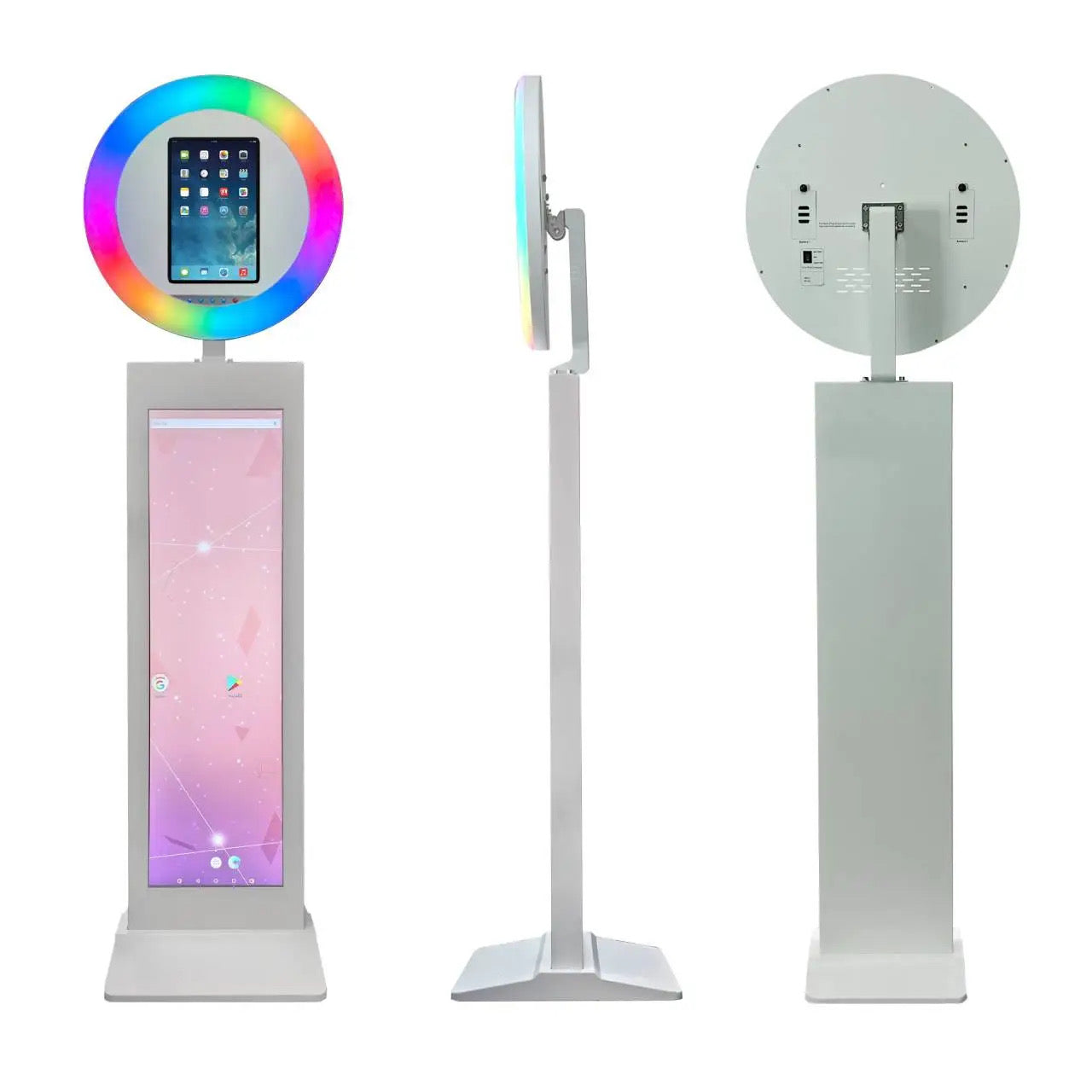 Selfie pod photo booth with LED ring light and LCD screen