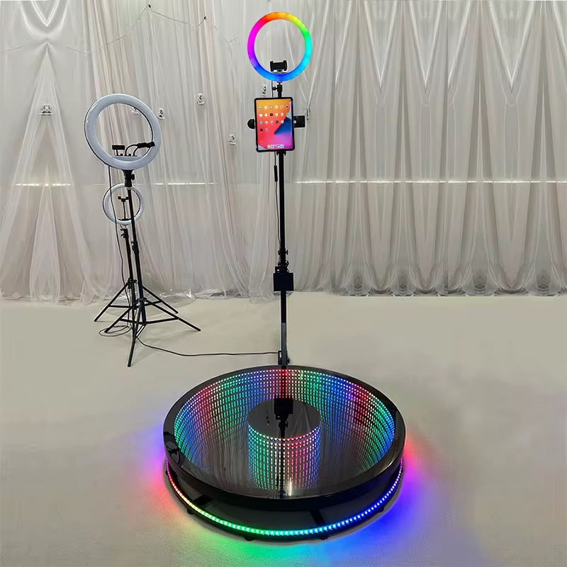 360 photo booth with tempered-glass platform and flight case