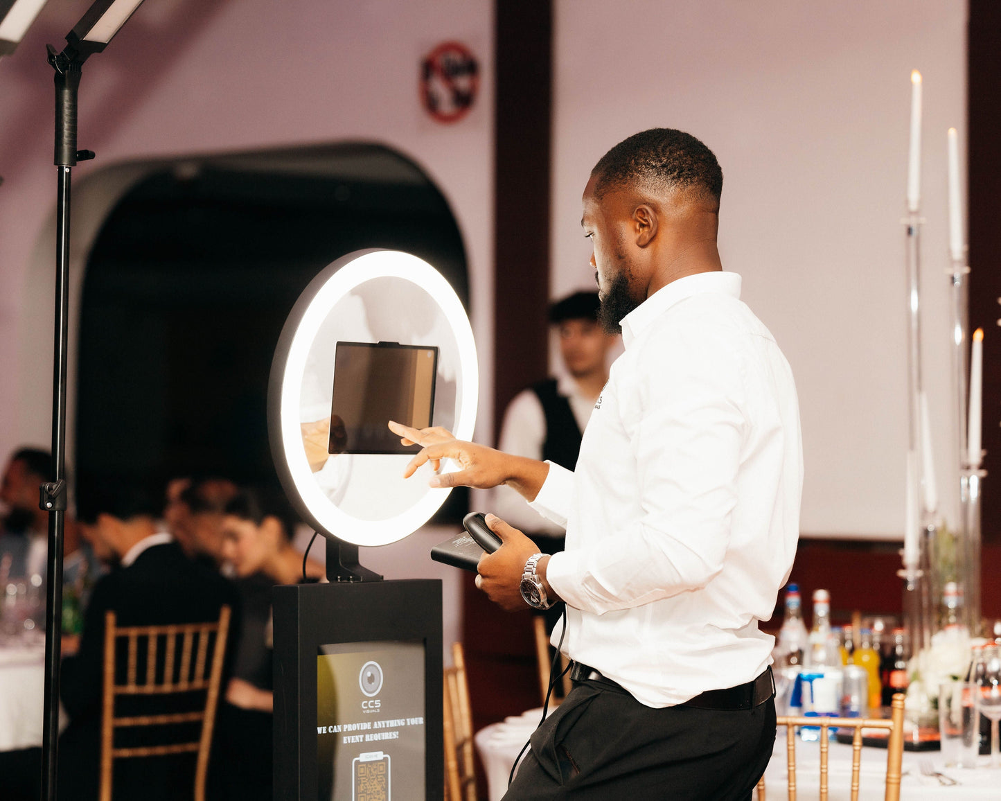 Selfie pod photo booth with LED ring light and LCD screen