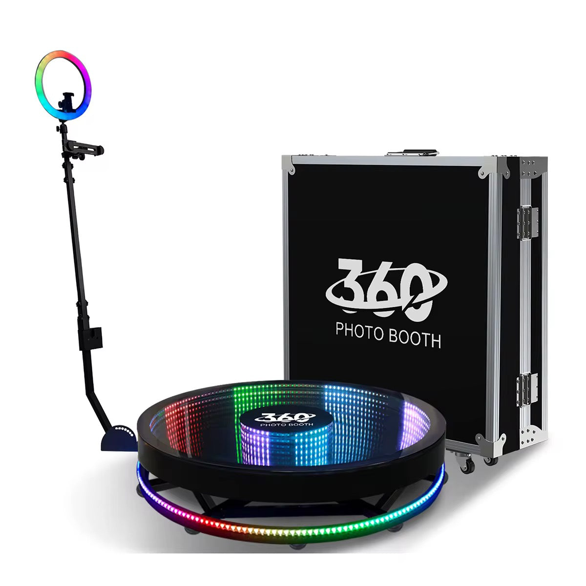 Infinity glass LED 360 photo booth with spinning platform