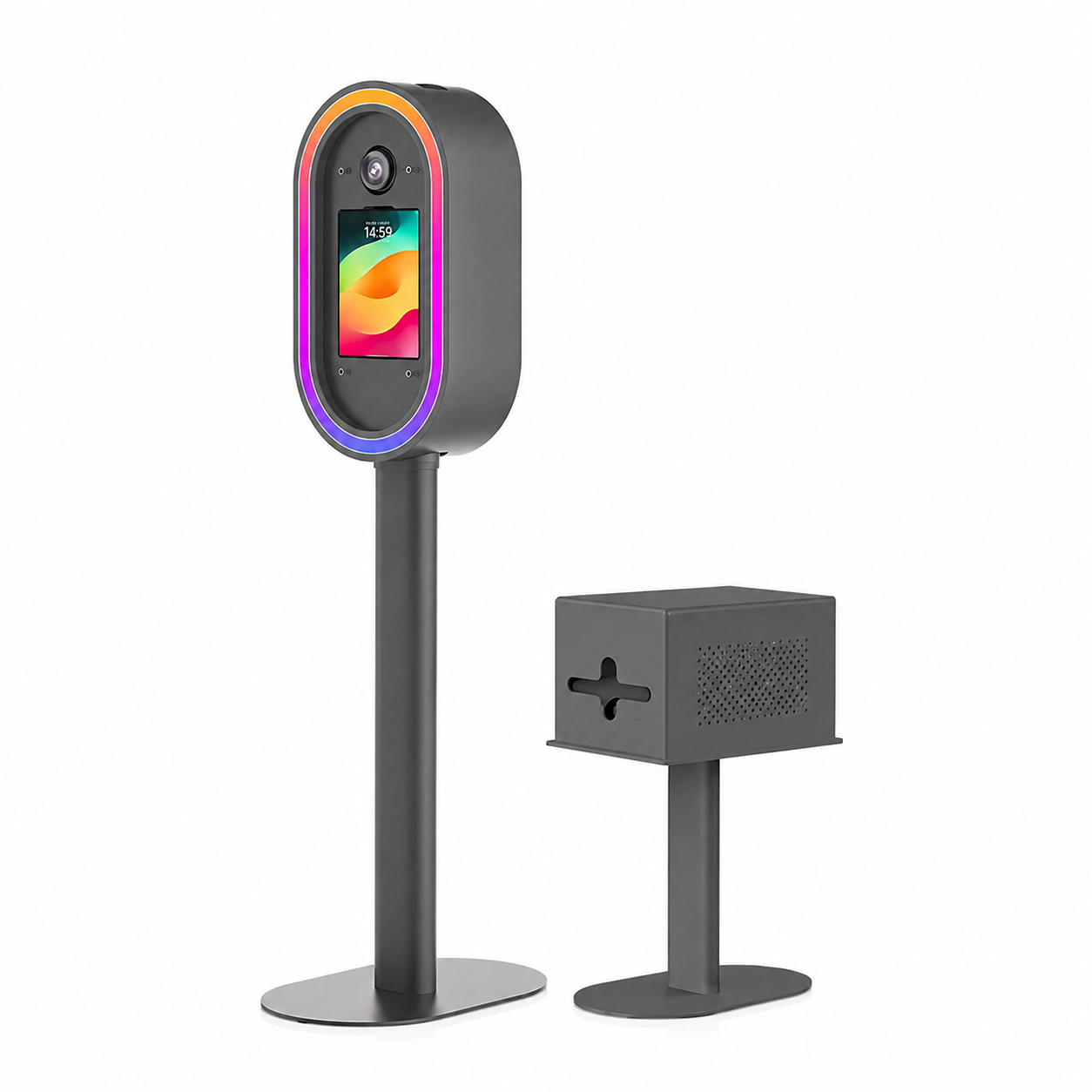 Metal selfie pod photo booth with touchscreen