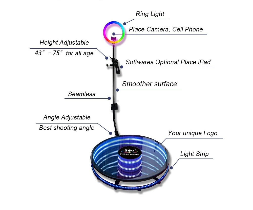 Infinity glass LED 360 photo booth with spinning platform