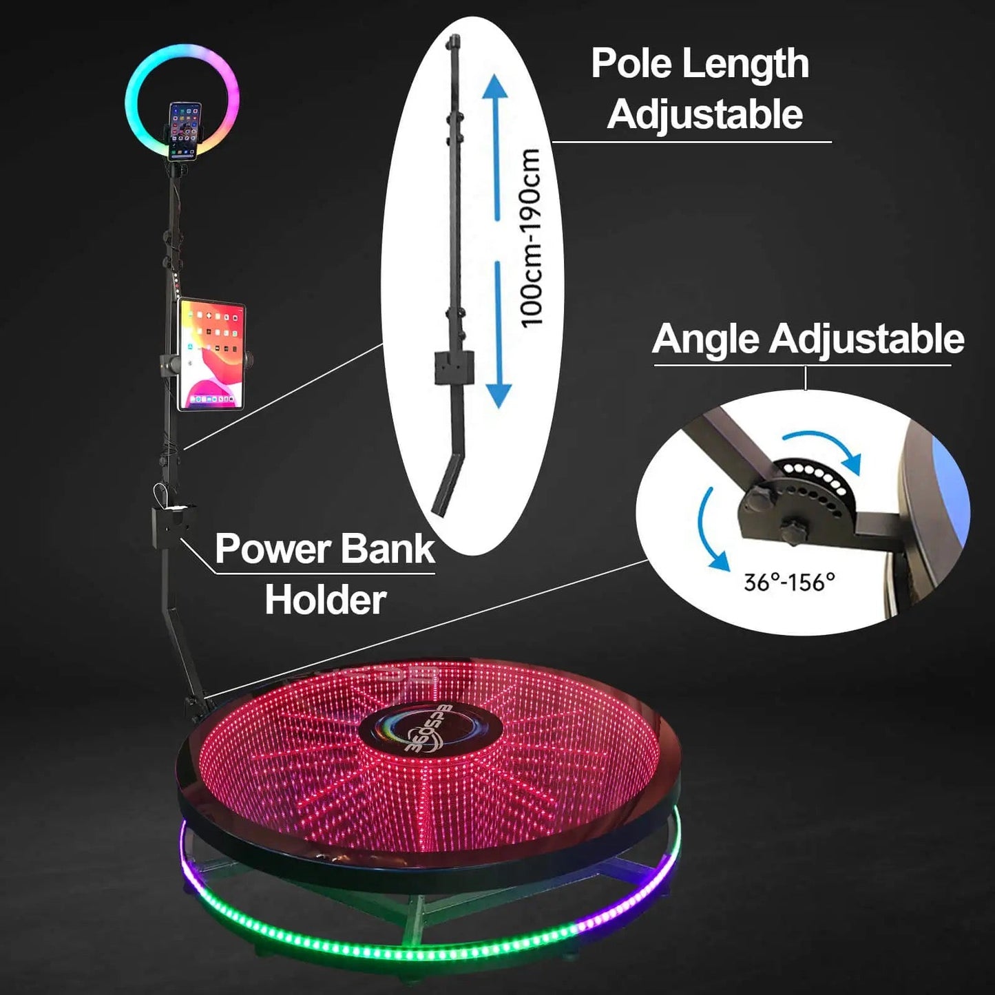 Infinity Glass LED 360 Photo Booth - Spinning Video Booth with Flight Case
