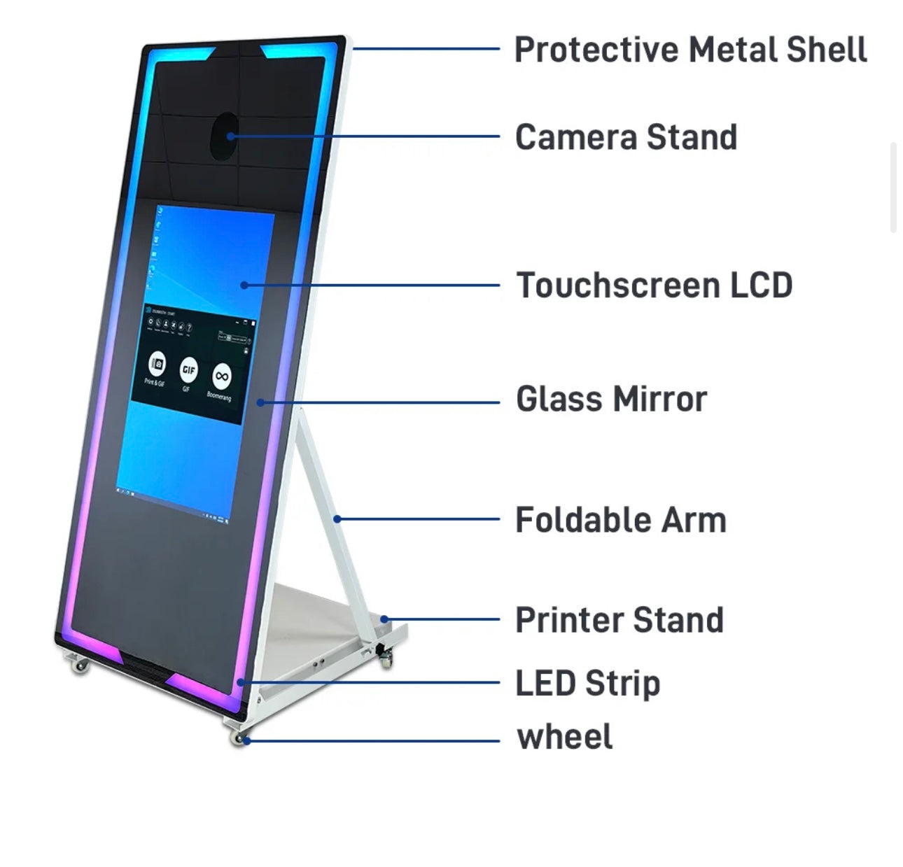 Magic Mirror Photo Booth with Wheels - Touchscreen Mirror Booth